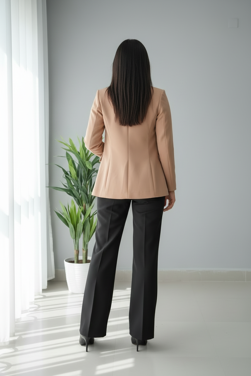 Conjunto 3 Piezas Blazer Camel Top Negro y Pantalón Acampanado Negro cod.769