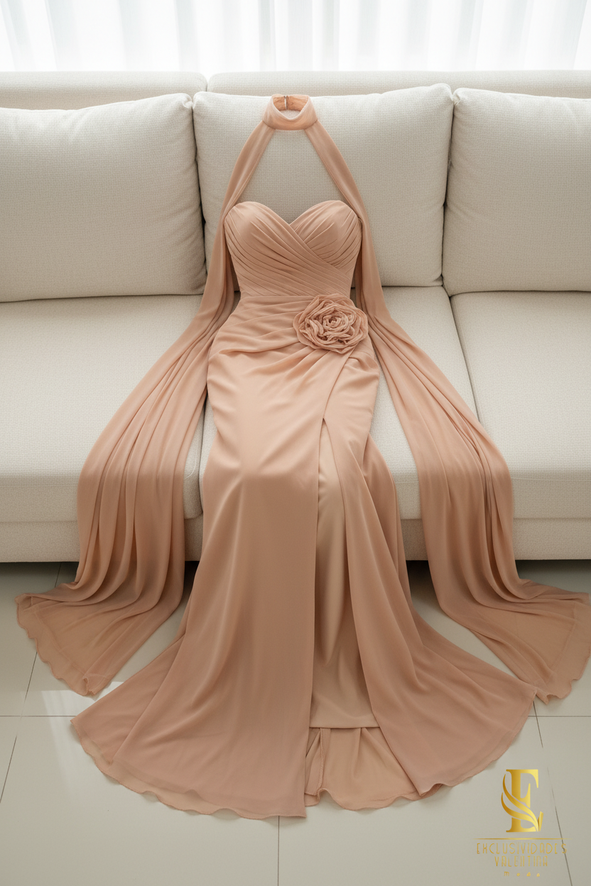 Vestido Nude Strapless Sirena con Flor 3D y Capa Chifón cod.V351