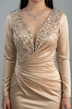 Vestido Dorado Champagne Escote V Cristales cod.V0013