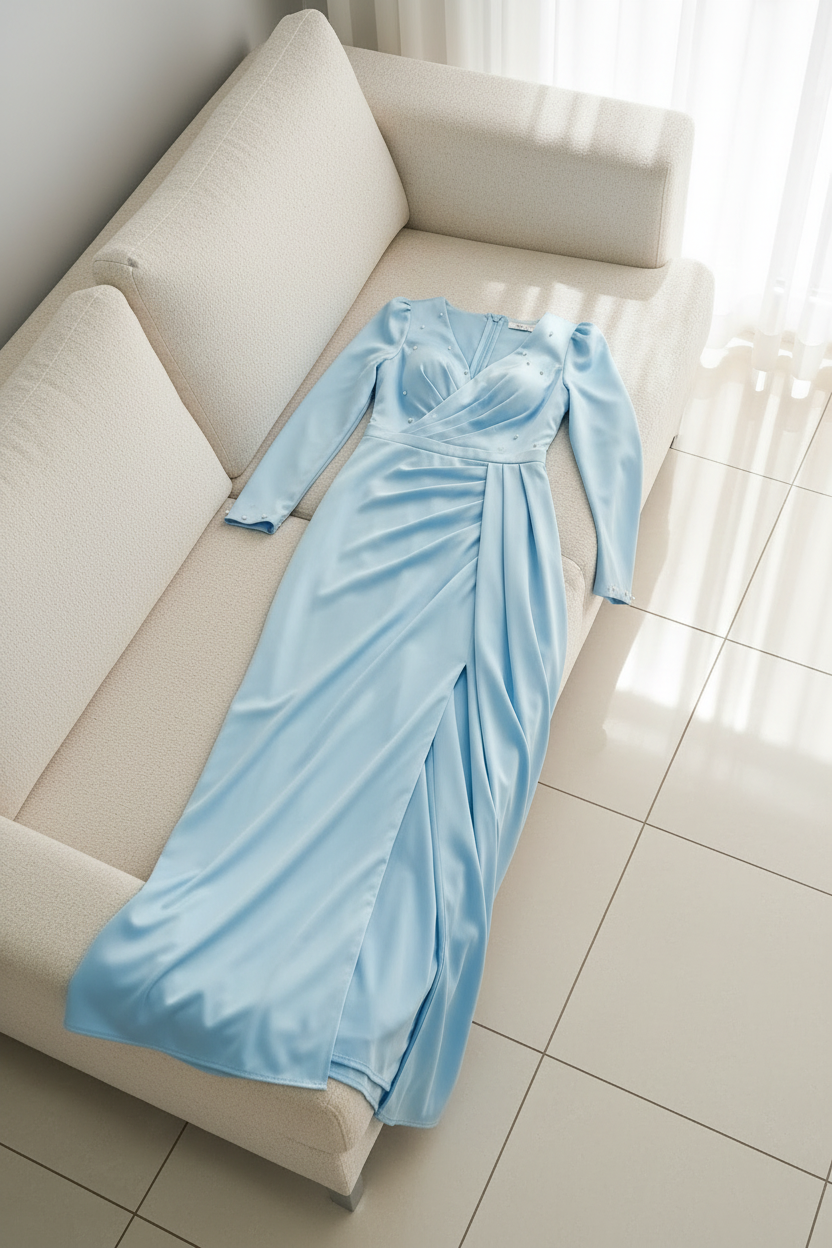 Vestido Azul Cielo con Perlas V356