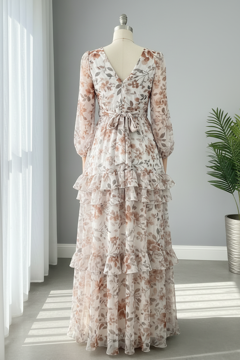 Vestido Crema Floral — Escote V, Volantes & Abertura cod.864