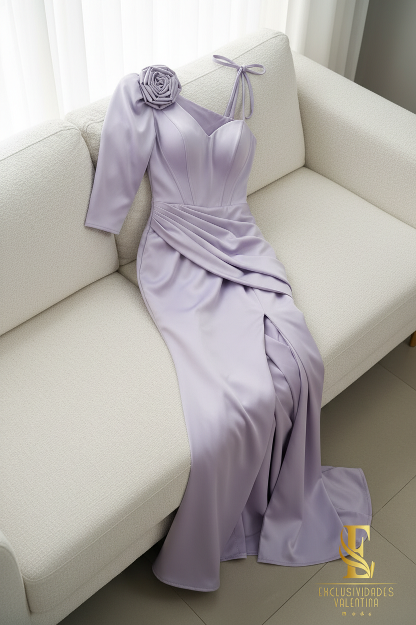 Vestido Satinado Lila Un Hombro cod.00187