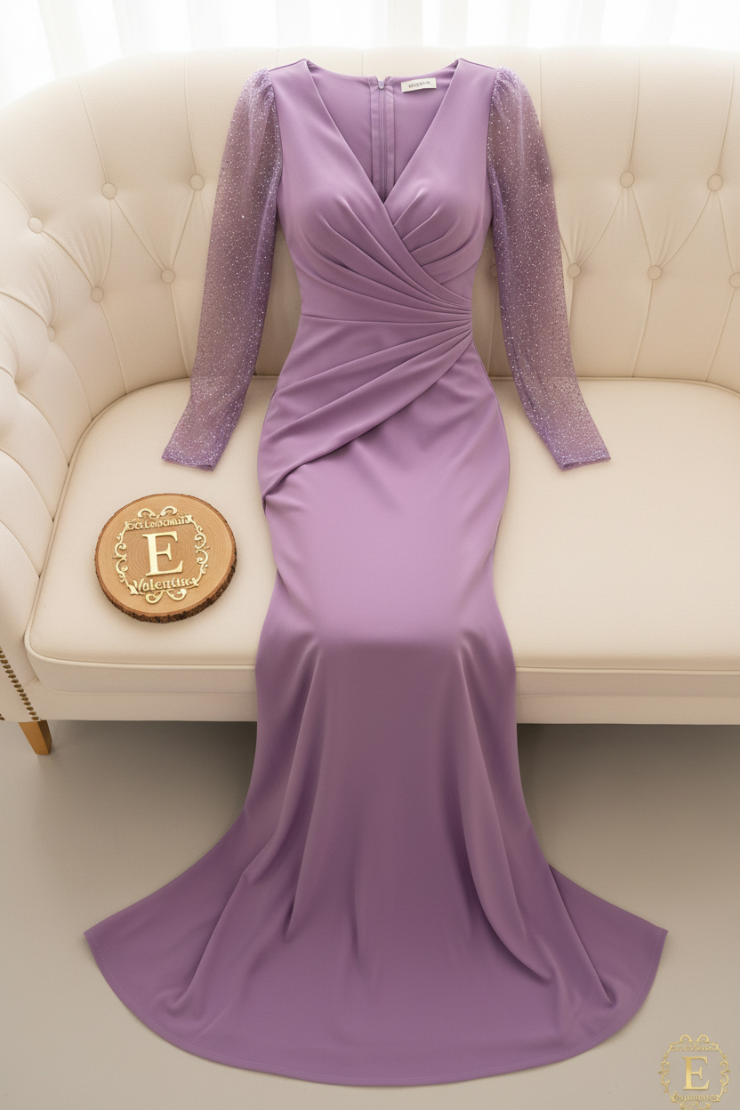 Vestido Lila Orquídea Escote V Mangas Tul Cristales Sirena cod.930