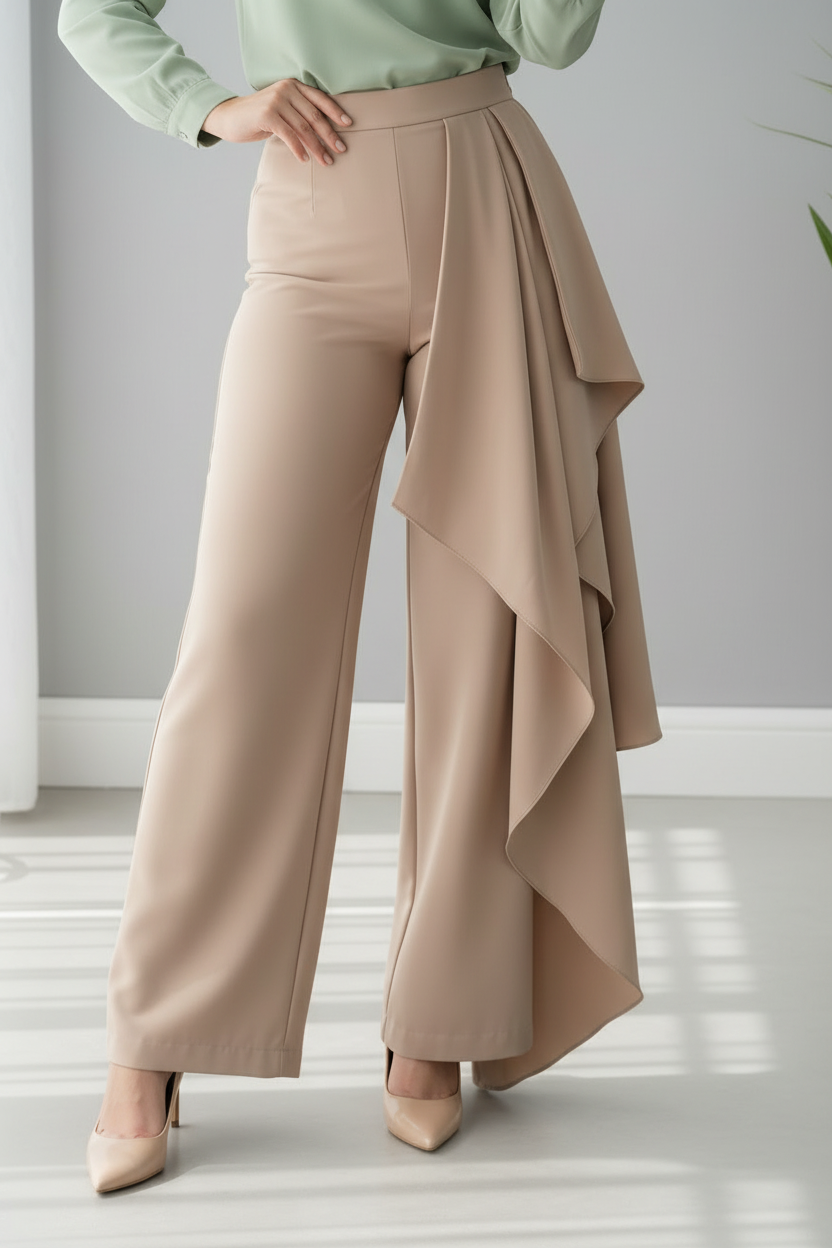 Conjunto Mint Rose & Beige Ruffle – Top Verde Menta Rosa 3D + Pantalón Palazzo Beige con Volantes cod.697