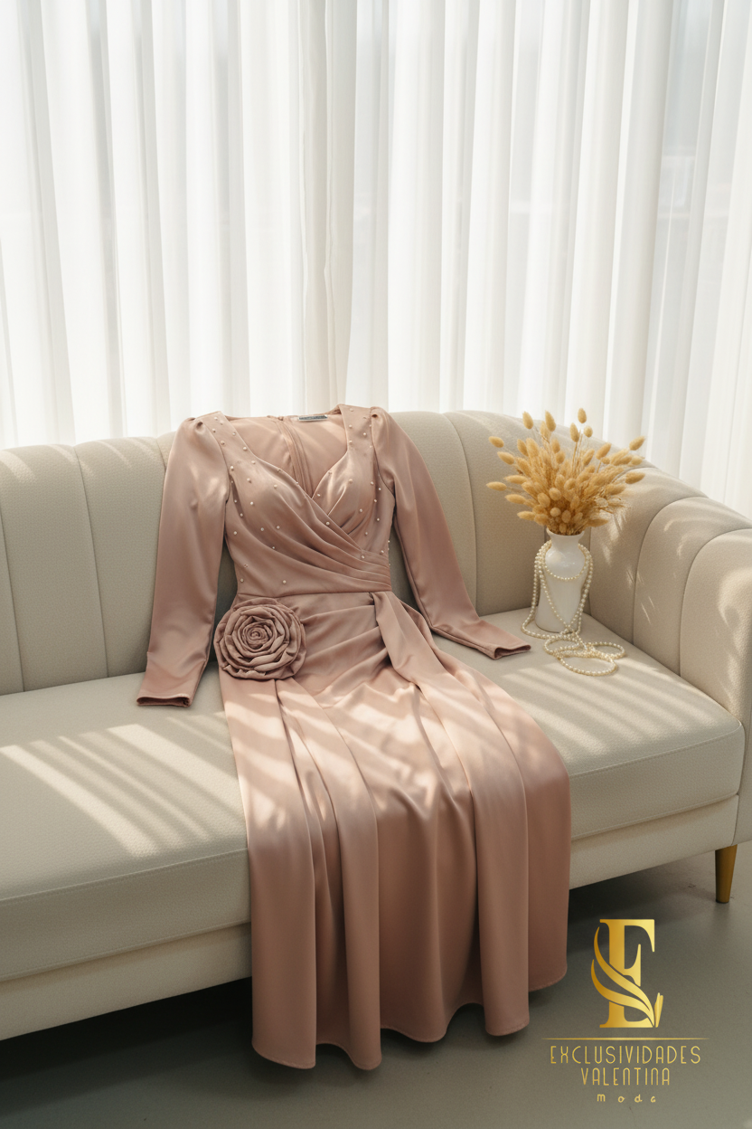 Vestido Nude Rosado  con Mangas Largas, Perlas y Rosa D3 cod.V677