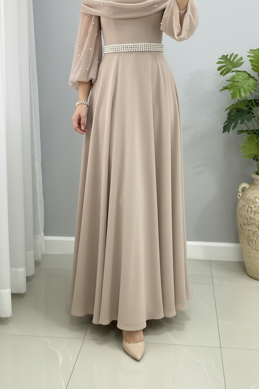 Vestido Champagne Beige Dorado Off-Shoulder Tul Perlas Cinturon Perlas A-Line cod.837