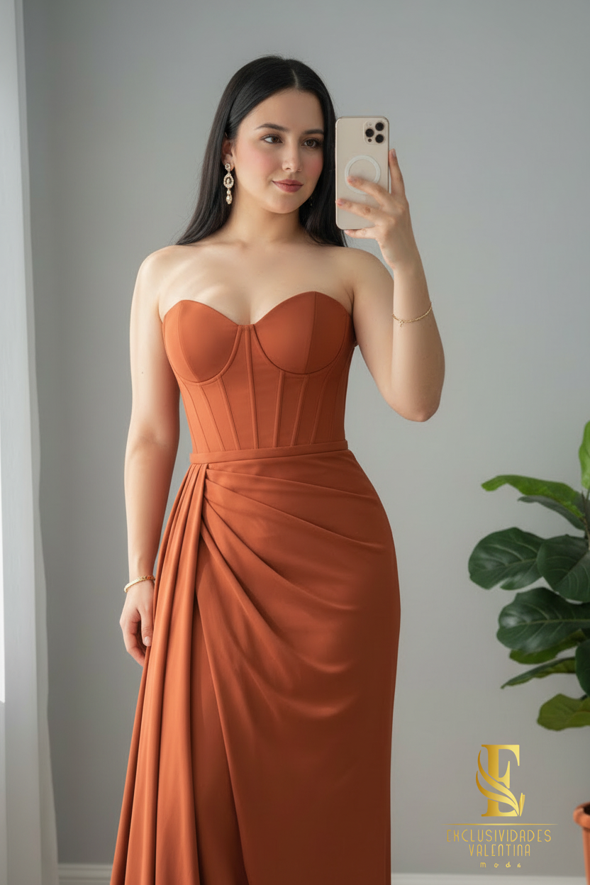 Vestido Corset Terracota con Falda Drapeada cod.0060