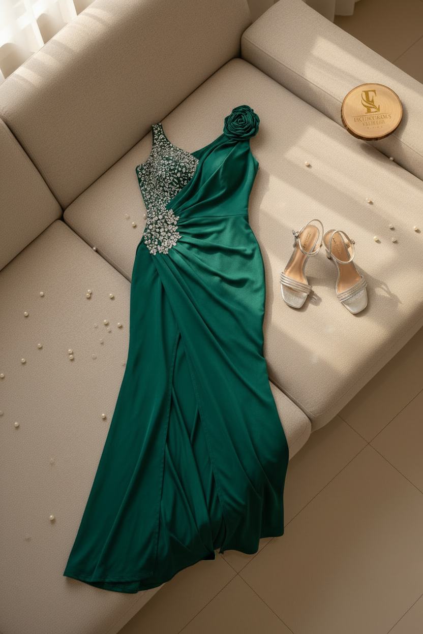Vestido Formal Verde Esmeralda Un Hombro con Pedrería Rosa 3D y Abertura Frontal cod.544