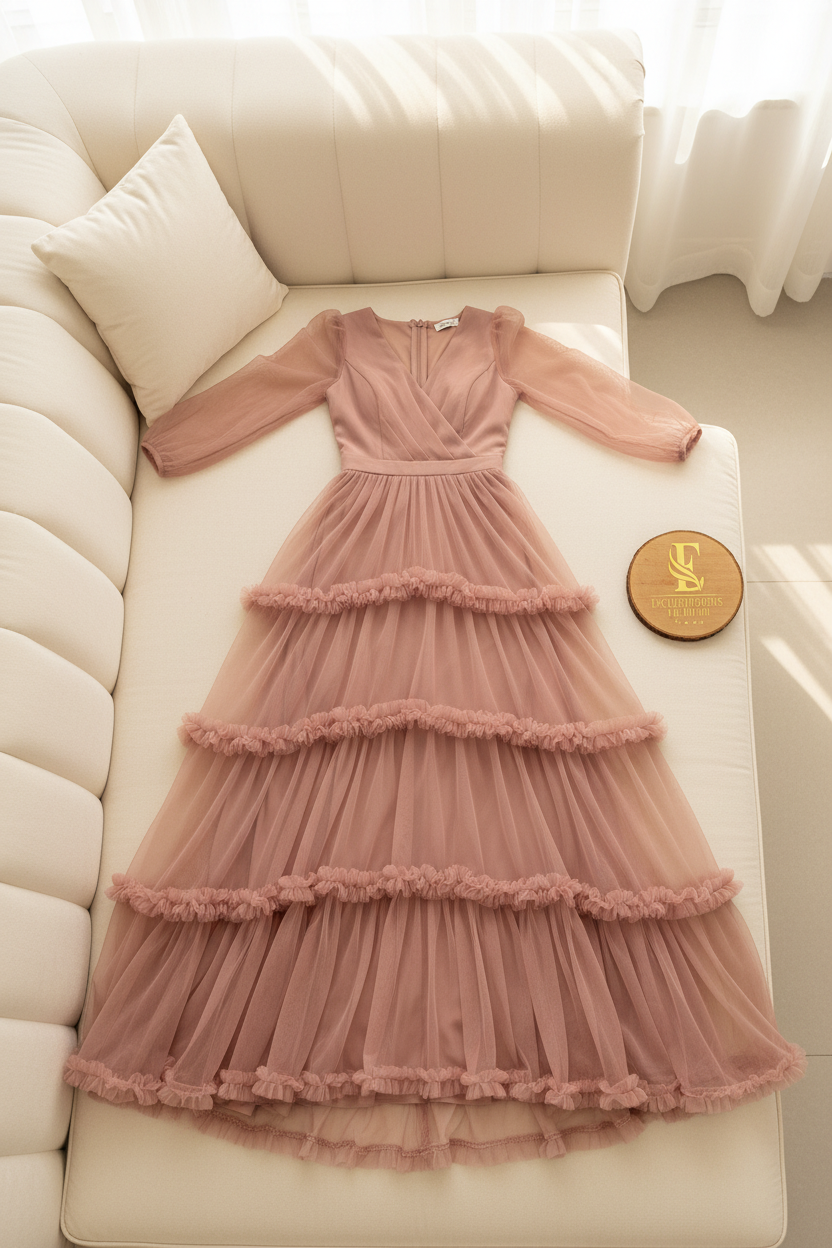 Vestido Rosa Palo Mauve Tul Manga Abullonada Escote V Volantes Cascada cod.827