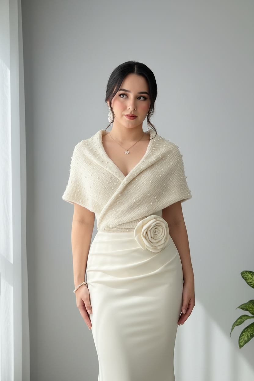 Vestido Sirena Marfil con Chalina de Perlas Exclusivo cod.799