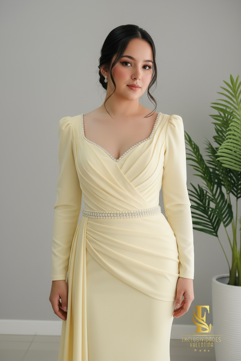 Vestido Sirena Amarillo Mantequilla con Cinturón de Cristales cod.V242