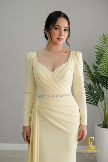 Vestido Sirena Amarillo Mantequilla con Cinturón de Cristales cod.V242