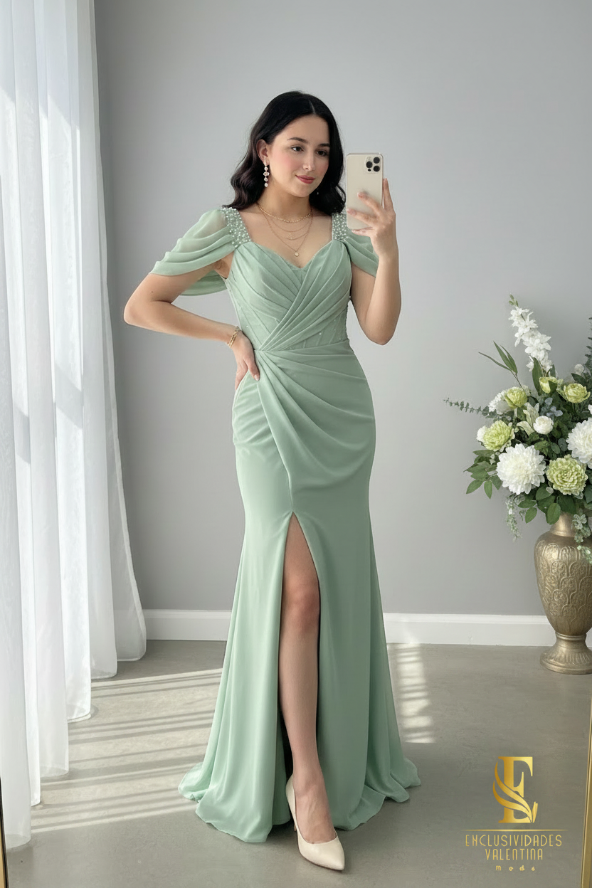 Vestido Sirena Verde Sage | V-Neck con Tirantes de Pedrería, Manga Drapeada y Abertura cod.V517