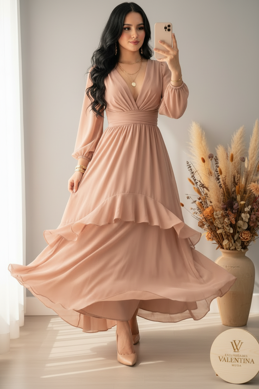 Vestido Nude Gasa Mangas Abullonada cod.00158
