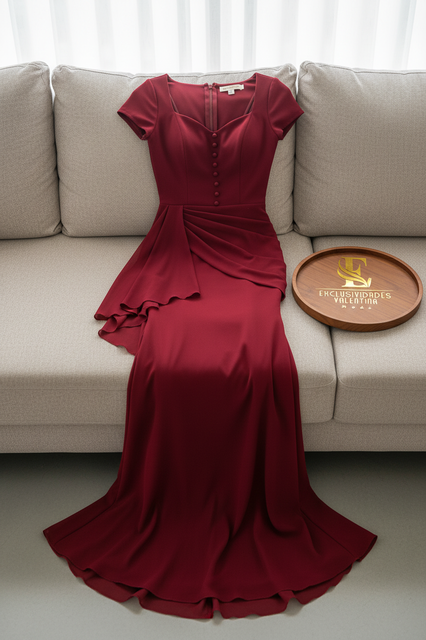 Vestido Borgoña Sirena con Botones y Volante Lateral cod.959