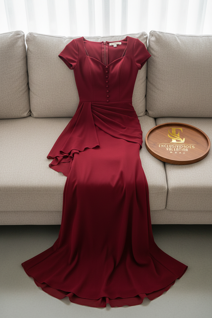 Vestido Borgoña Sirena con Botones y Volante Lateral cod.959