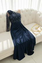 Vestido Largo Azul Marino Tul con Perlas y Abertura cod.V936