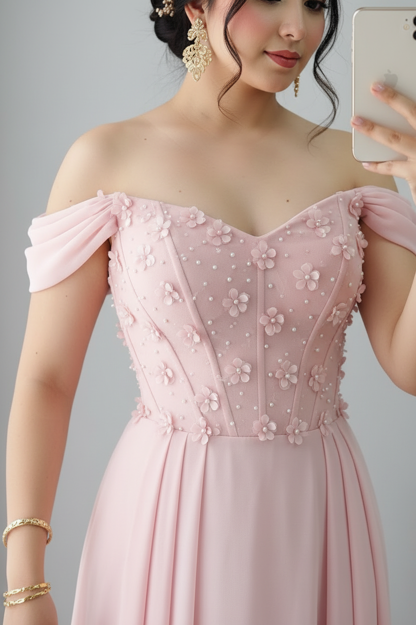 Vestido Rosa Off-Shoulder A-Line con Flores y Perlas cod.V366