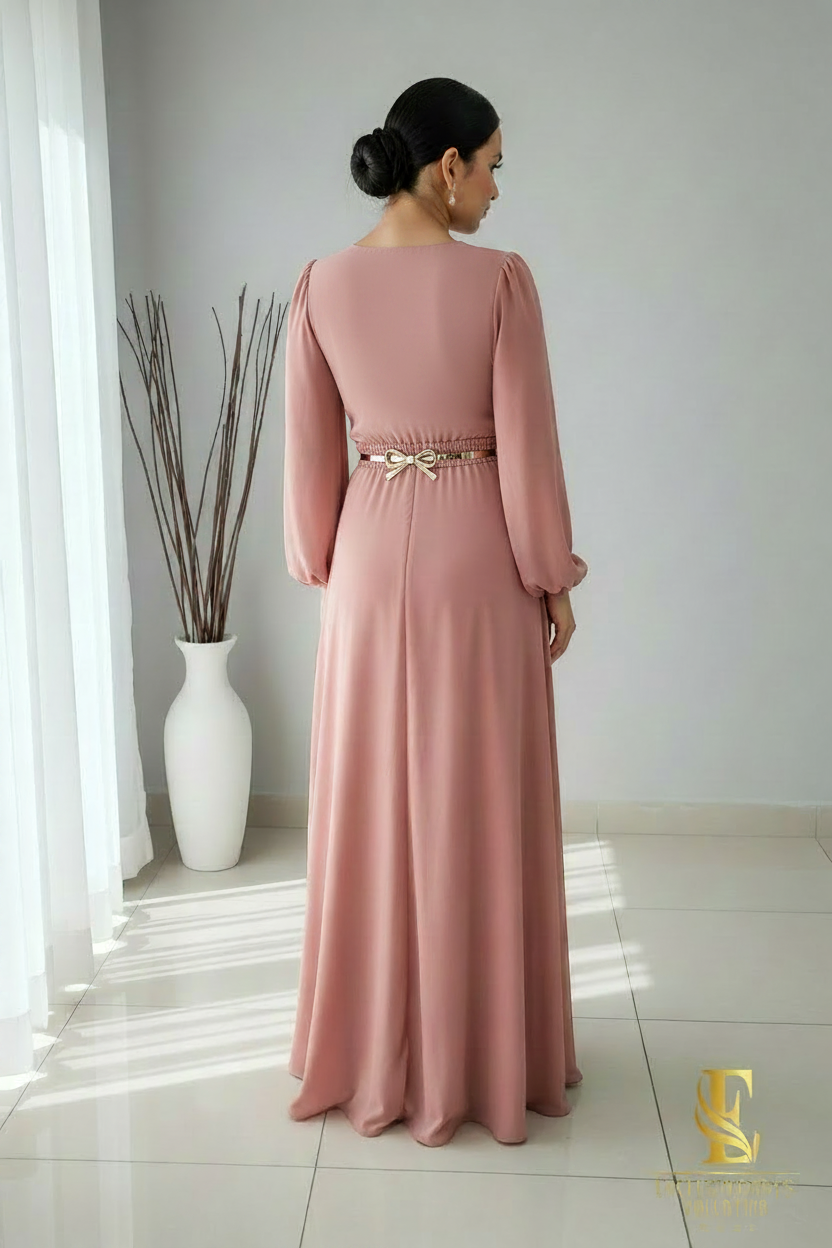 Vestido Rosa Palo Escote V Cruzado Manga Globo con Cinturón cod.V349