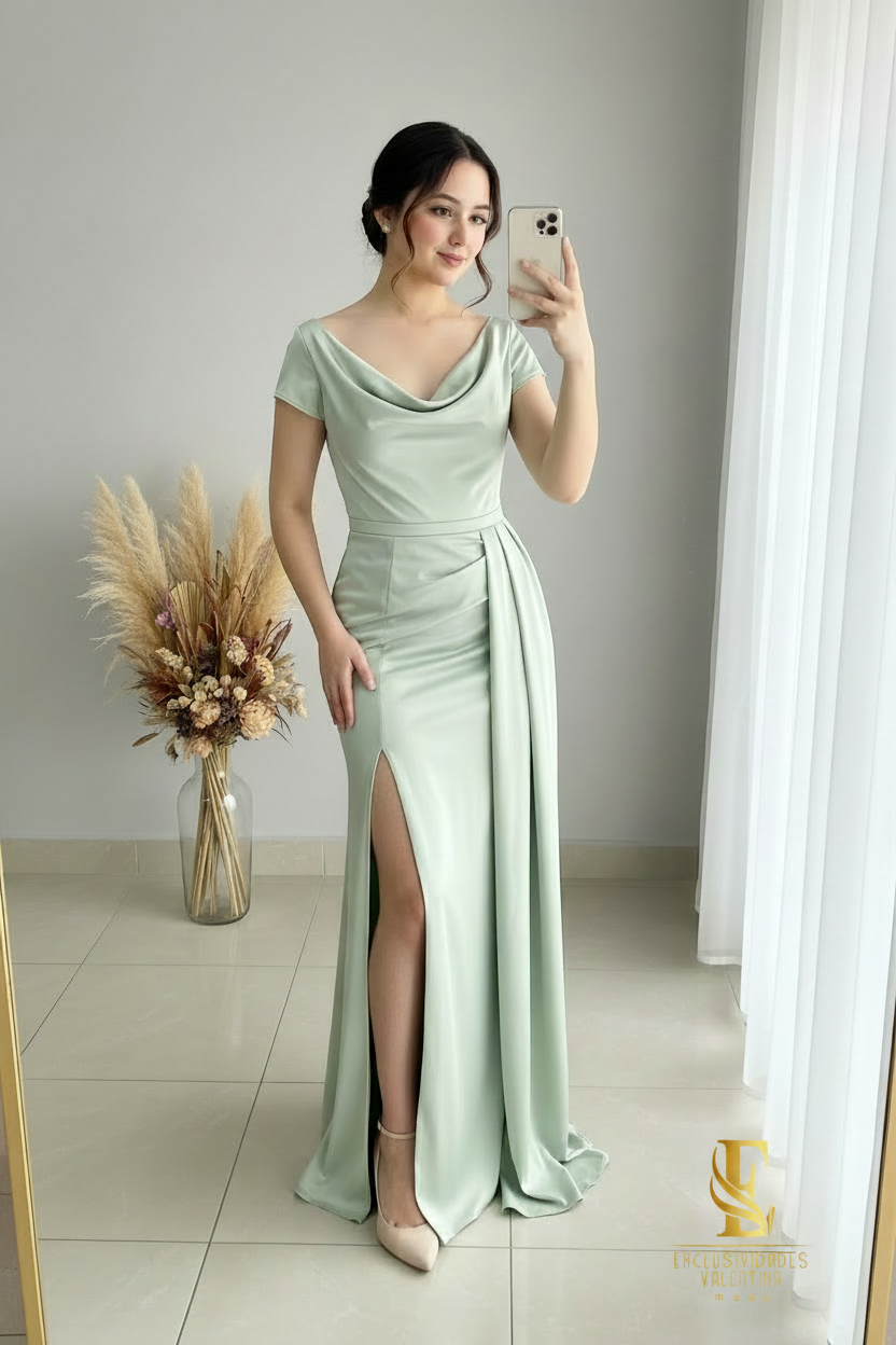 Vestido Sirena Verde Menta Drapeado | cod.V434