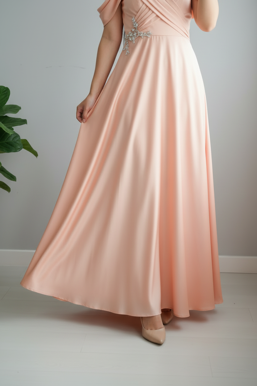 Vestido Peach Cold Shoulder   con Bordado de Cristales cod.702