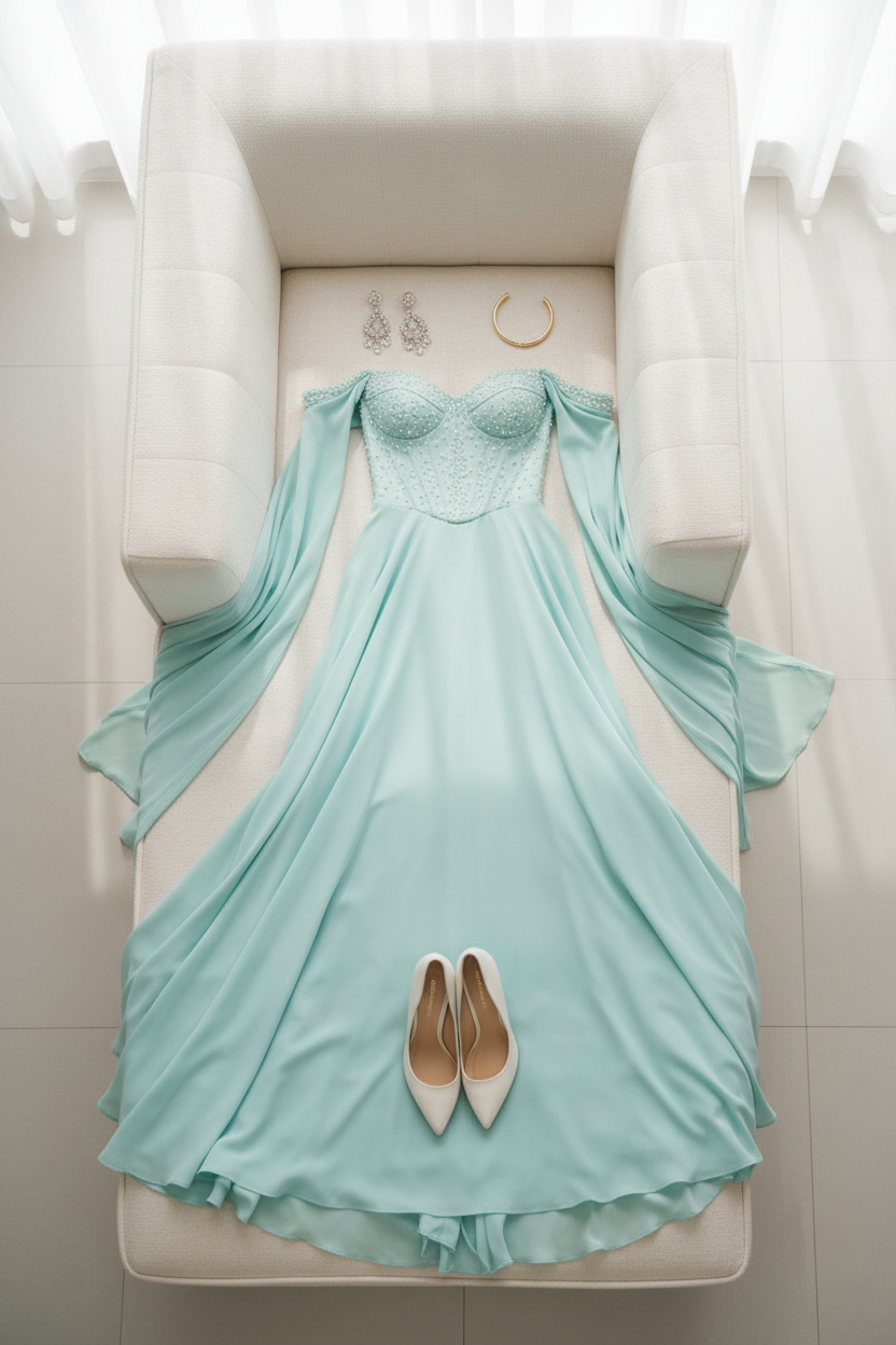 Vestido Aqua Off-Shoulder Corsé de Perlas con Capa de Gasa cod.V550