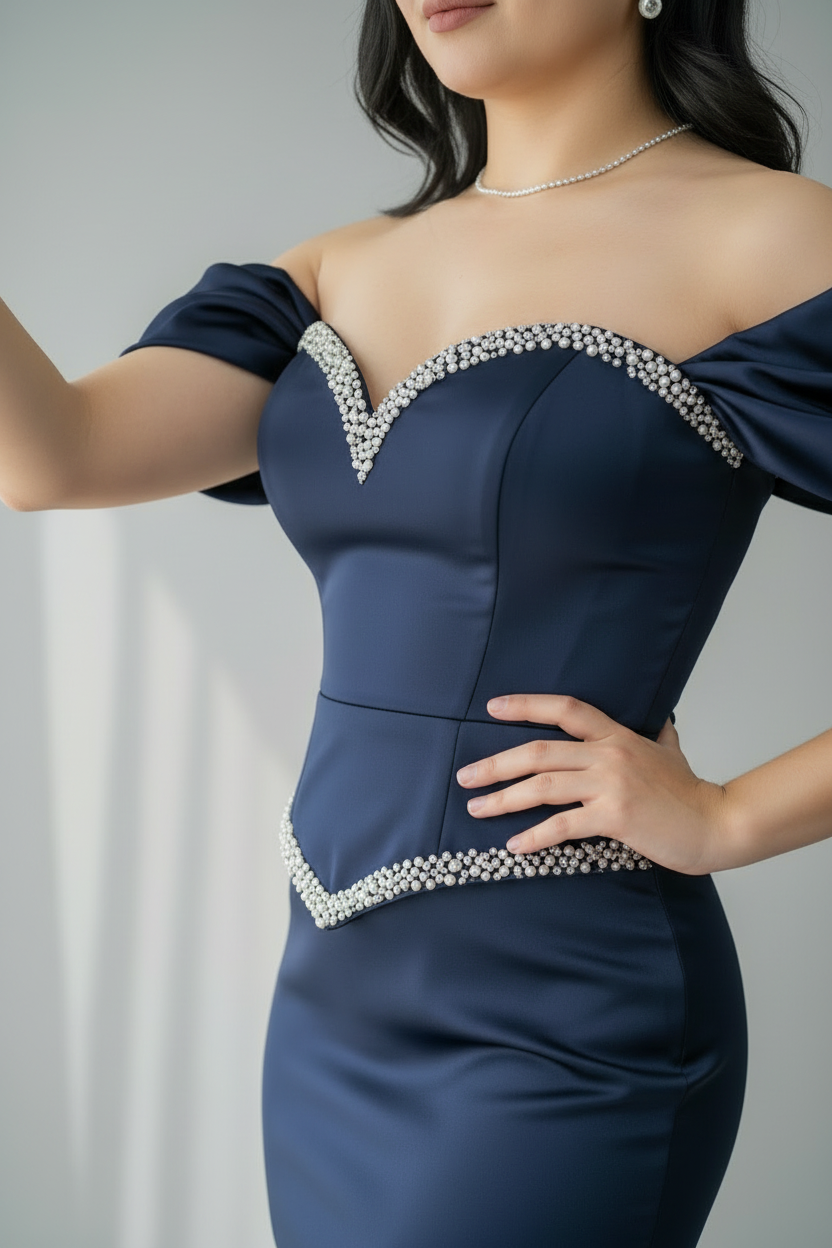 Vestido Azul Marino Off-Shoulder con Perlas en Escote y Cintura Sirena cod.741