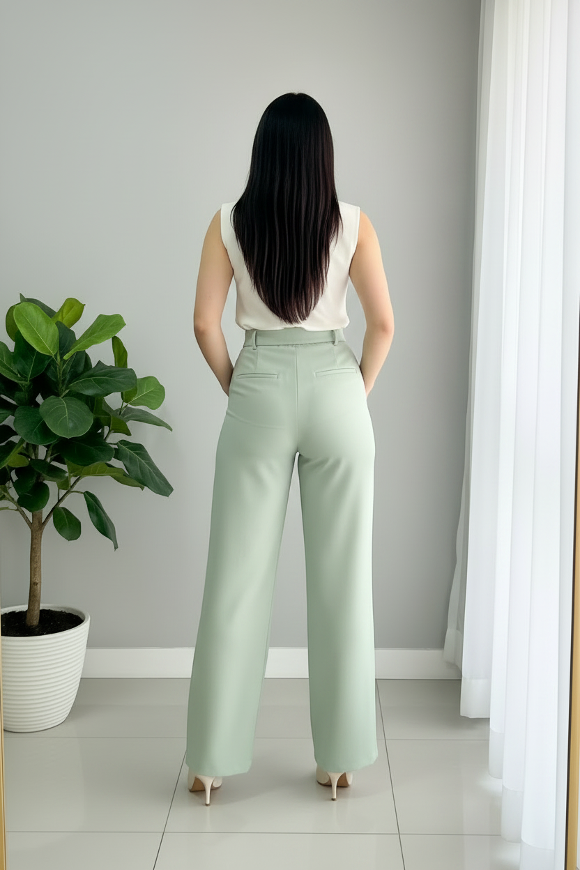 Conjunto Top Blanco Rosa 3D + Pantalón Verde Menta Tiro Alto con Cinturón cod.C592