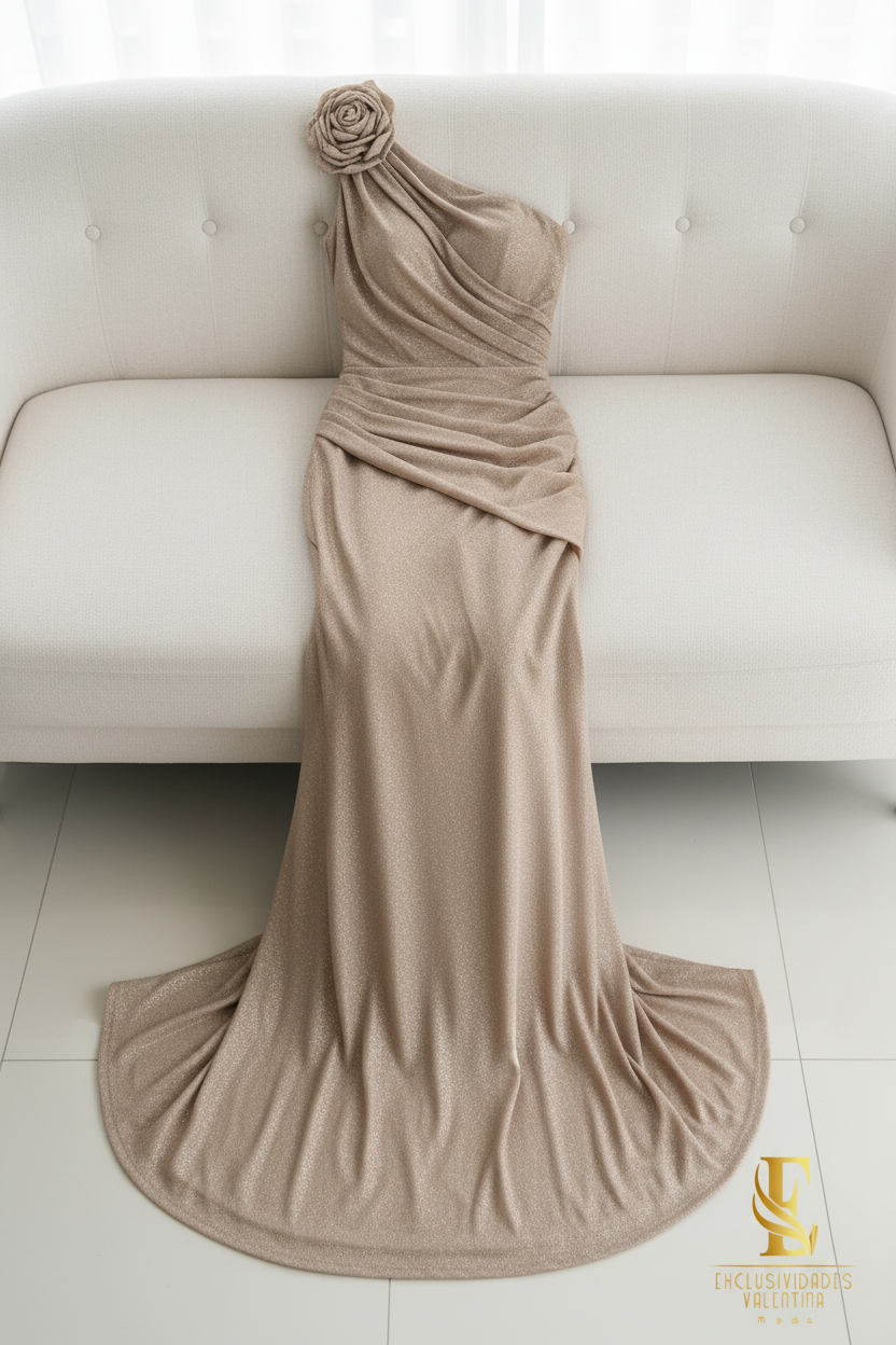 Vestido Champagne One Shoulder Rose Sirena cod.V226