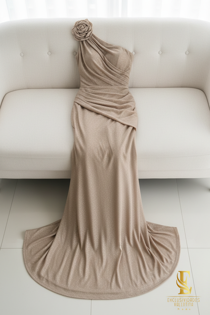 Vestido Champagne One Shoulder Rose Sirena cod.V226