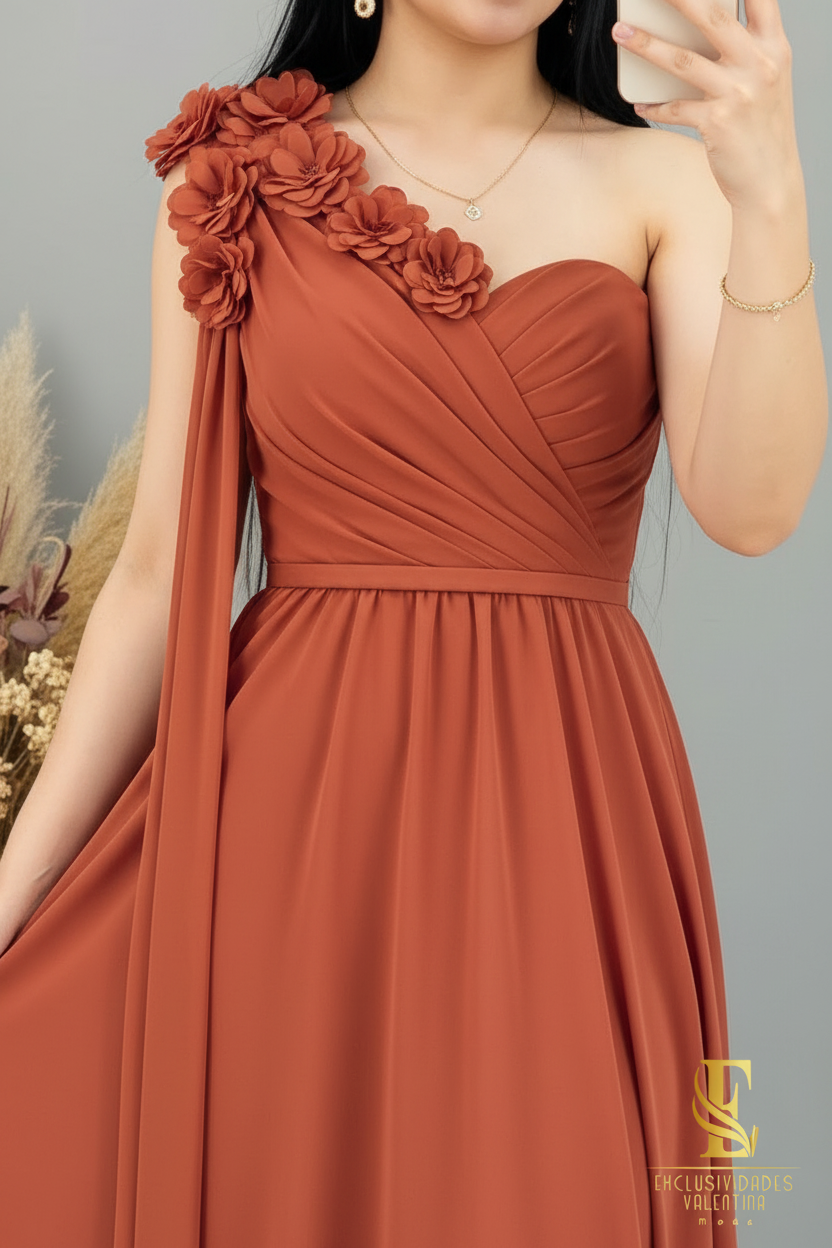 Vestido Terracota Largo Un Hombro Rosas 3D Falda Evasé cod.V298
