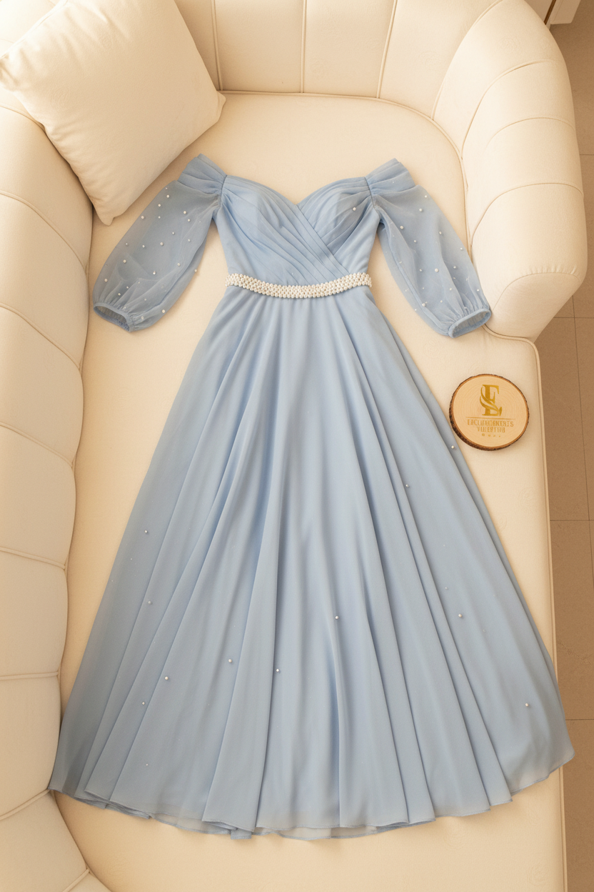 Vestido Azul Cielo Baby Blue Off-Shoulder Manga Tul Perlas Cinturon Perlas A-Line cod.838