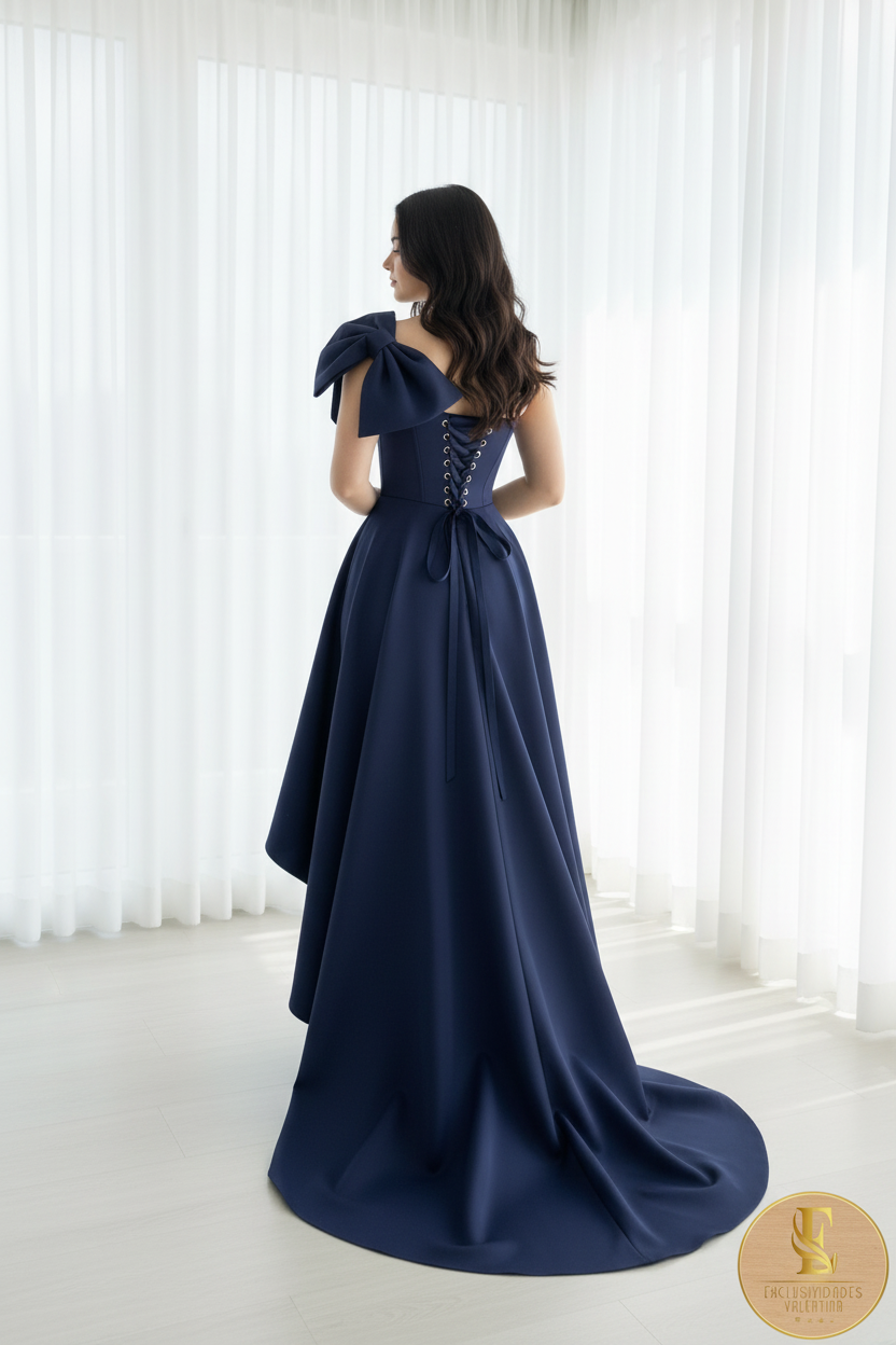 Vestido Azul Marino Satén Moño Corsé High-Low cod.001