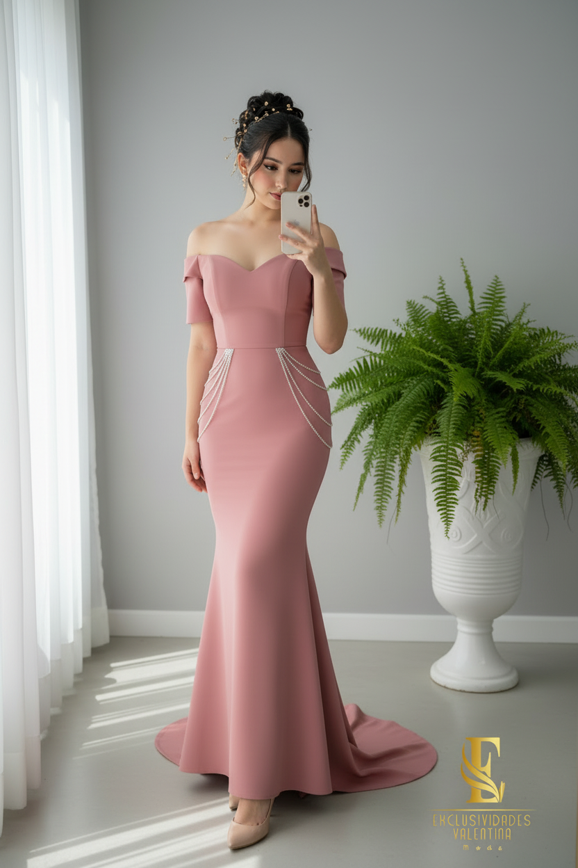 Vestido Rosa Palo Sirena Off-Shoulder con Cadenas de Perlas cod.0069