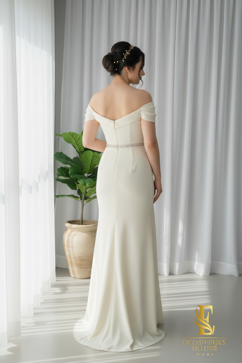 Vestido Blanco Off-Shoulder con Cinto de Cristales cod.0067