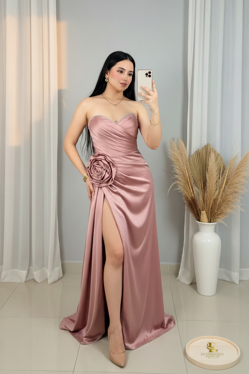 Vestido Rosa Satinado Strapless Rosa D cod.00175