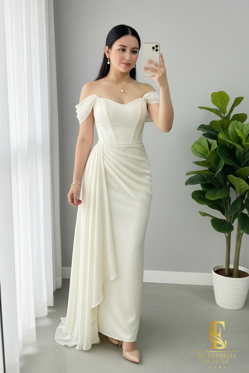 Vestido Blanco Off-Shoulder con Capa Drapeada cod.V670