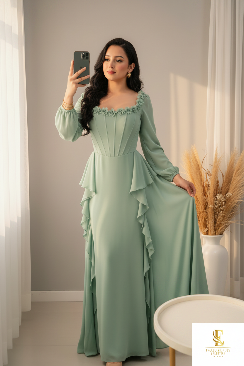 Vestido Verde Salvia Corset Cuello Cuadrado Flores D cod.00167