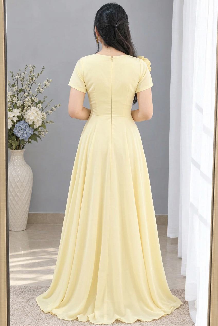 Vestido largo amarillo suave escote V con flor al hombro cod. VC024