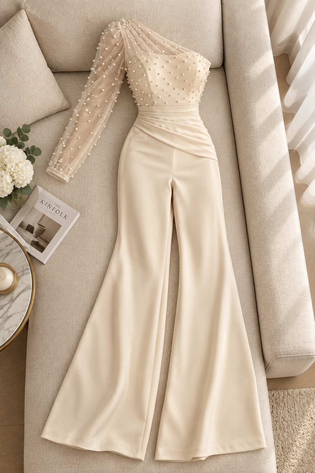 Enterizo Ivory Tul Perlas Pantalón Acampanado cod.E0001