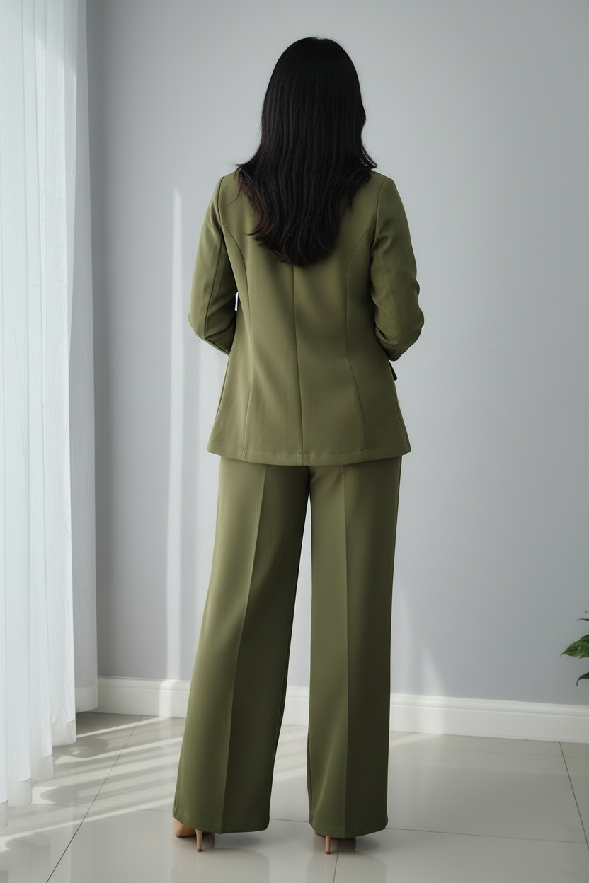 Conjunto 3 Piezas Verde Militar Blazer Rosa 3D Corset Negro y Palazzo cod.740