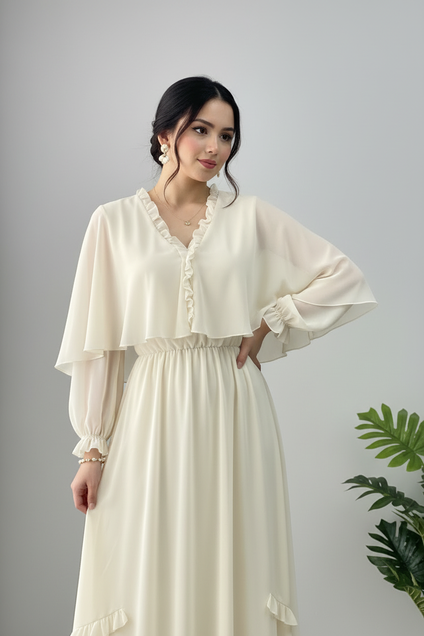 Vestido Crema Marfil Bohemio Escote V Ruffle Capa Gasa Manga Abullonada Falda A-line Volante cod.845