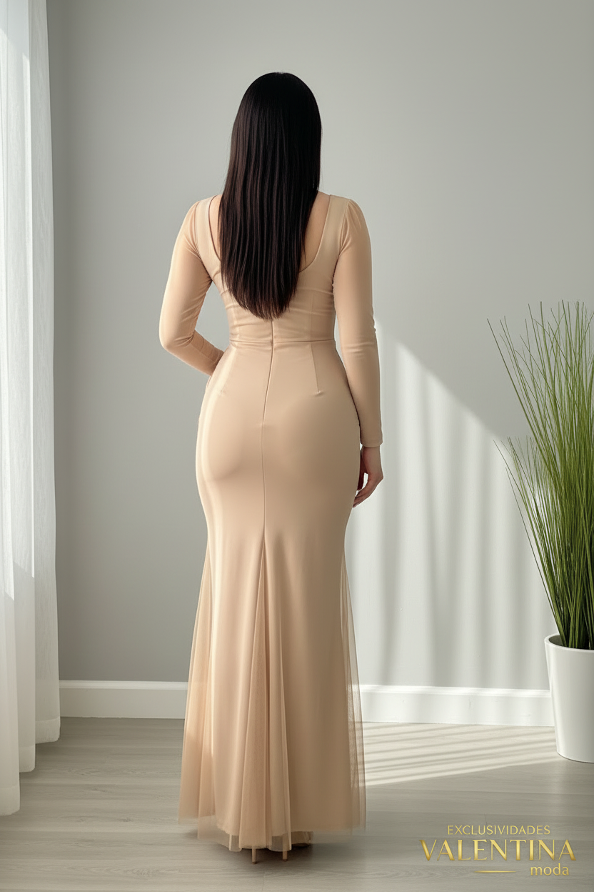 Vestido Largo Nude Sirena Rosa 3D Manga Tul cod.V712
