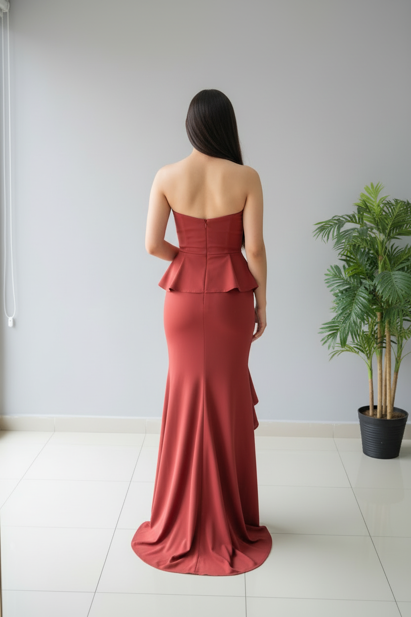 Vestido Sirena Terracota Volantes cod.627