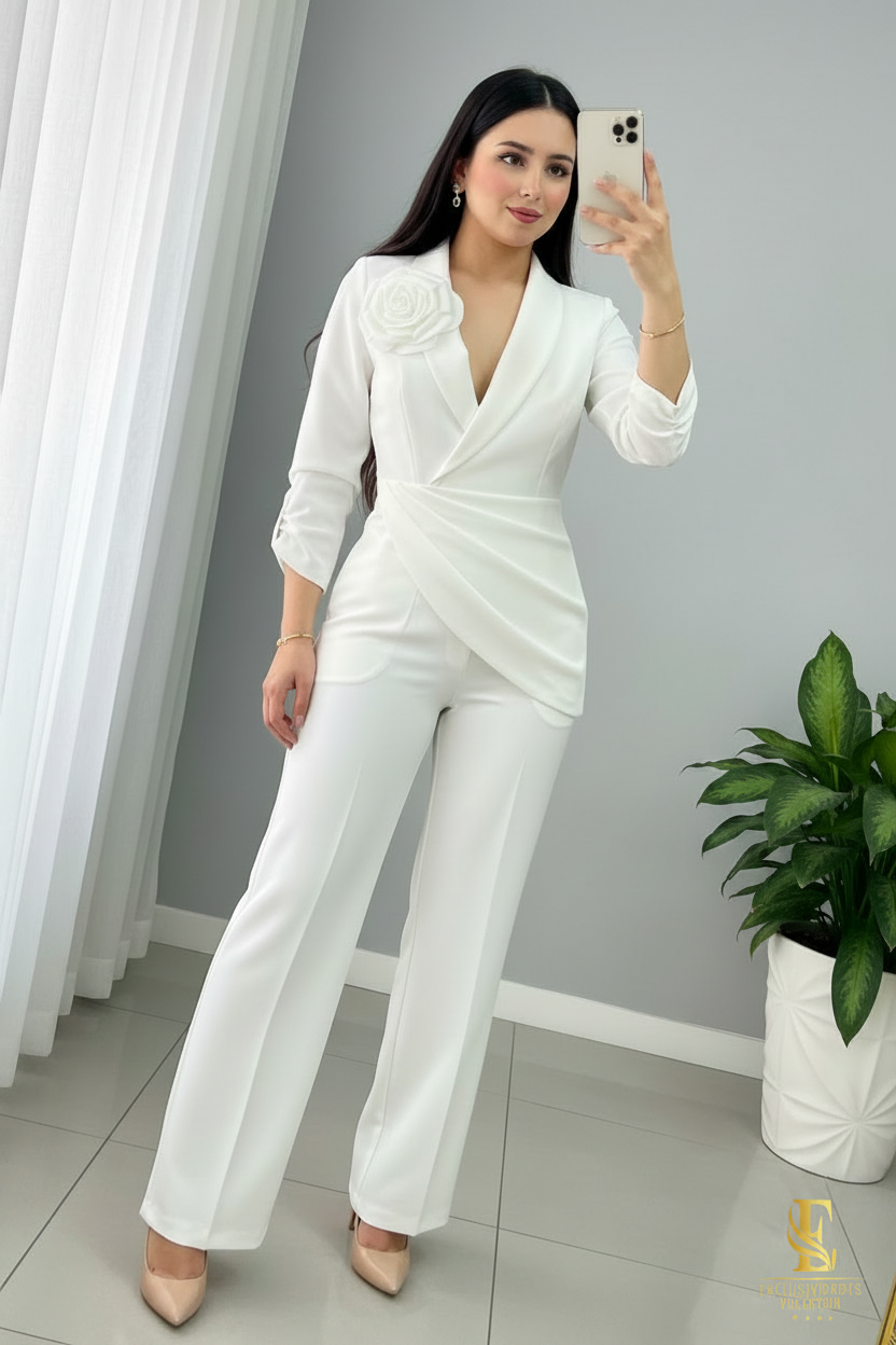 Conjunto Blanco — Blazer Cruzado Drapeado Rosa 3D & Pantalón cod.0040