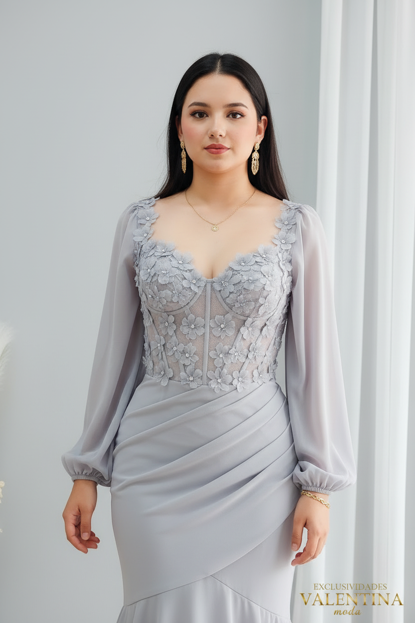 Vestido Gris Plateado Manga Larga Corset con Encaje y Doble Volante cod.V540