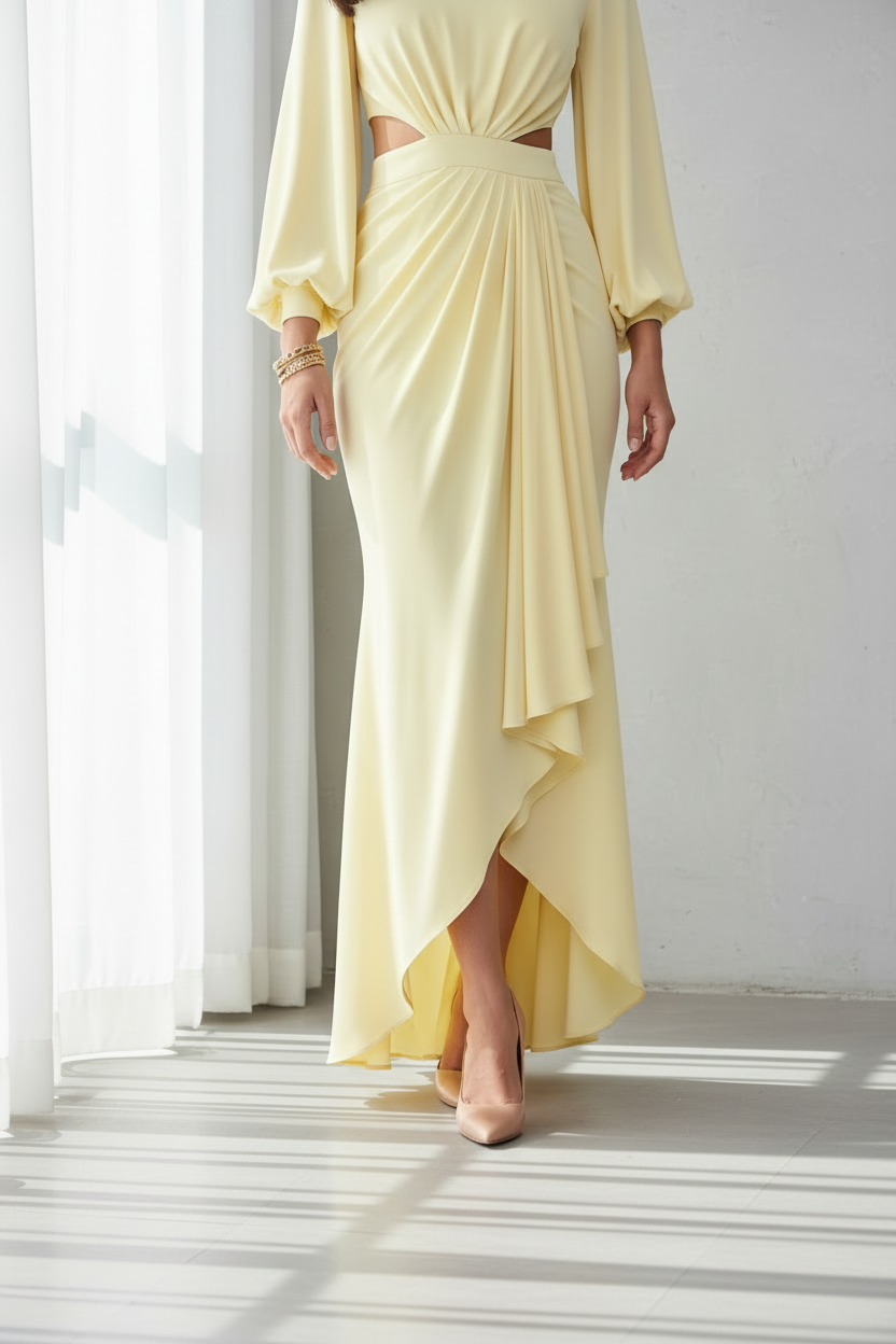 Vestido Amarillo Pastel Gala Mangas Bishop Cut-Out Drapeado cod.V582
