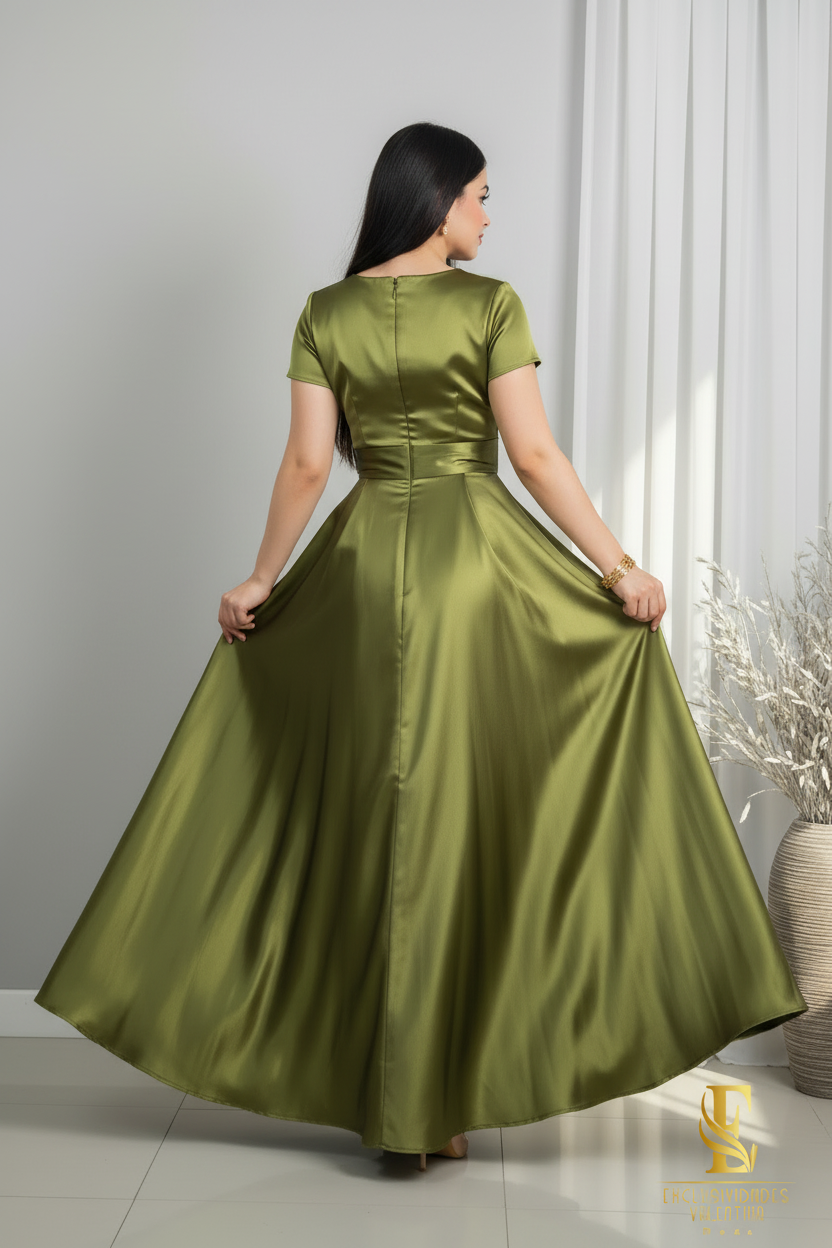 Vestido Satinado Verde Olivo con Rosa