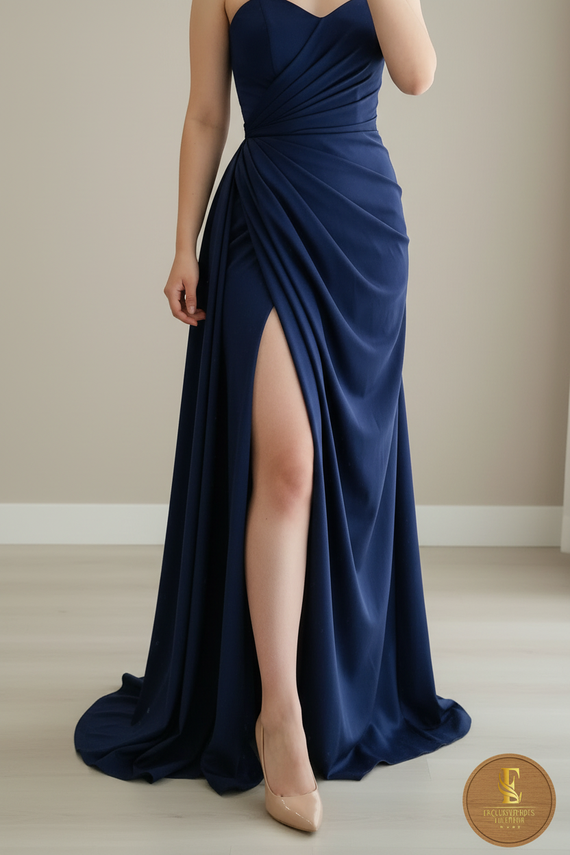Vestido Azul Marino Strapless Drapeado Abertura Lateral Cola Satín cod.00111