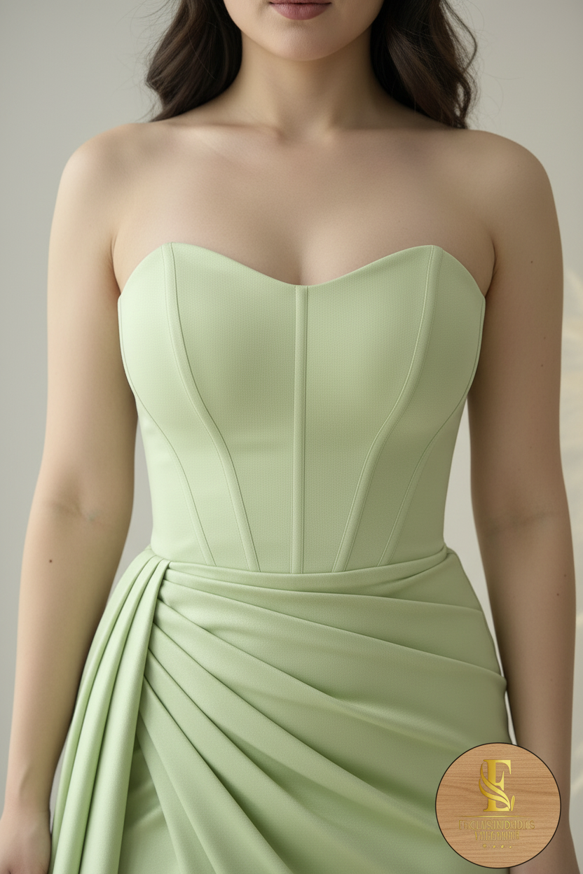 Vestido Verde Menta Strapless Corsé Drapeado Abertura cod.00101